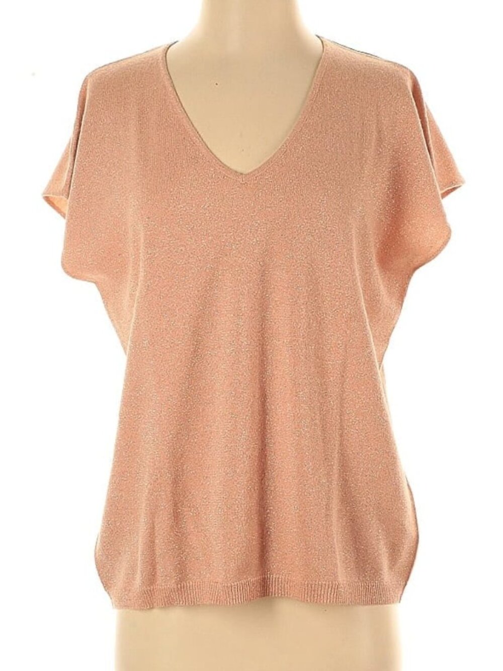 Cashmere blend top v-neck short sleeve Paris designer peach shimmer glitter